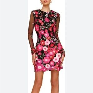 Avec Les Filles Applique Long Sleeve Minidress Black Floral Sheer Sleeve 10 NEW